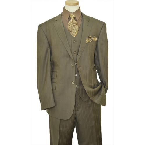 Luciano Carreli Collection Olive Green With Brown / Sky Blue Stripes With Brown Hand-Pick Stitching Super 150'S Vested Suit 3238-6110